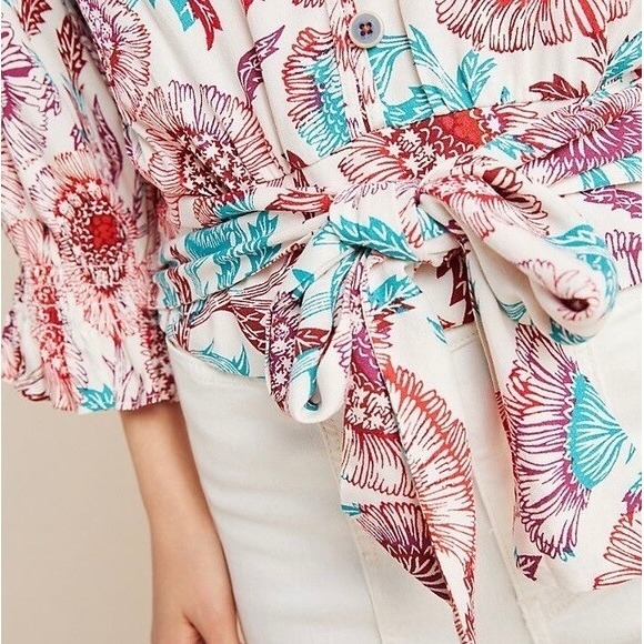 Tugboat Anthropologie Saraya Floral Tie Front Blouse Size Small Multicolor Boho - Picture 6 of 12